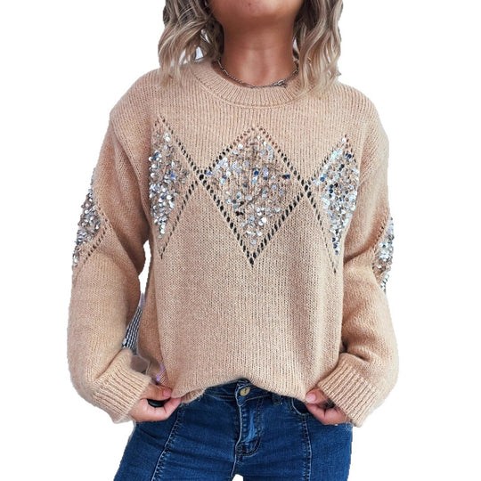 Damen Strickpullover mit glitzernden Applikationen EB