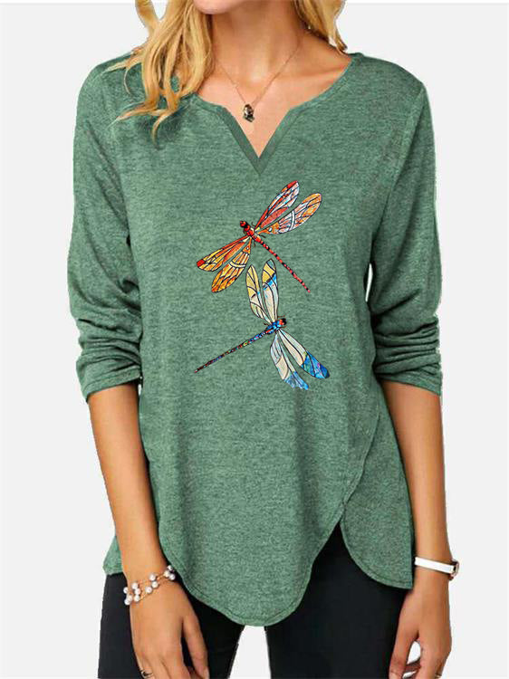 Damen V-Ausschnitt Langarmshirt mit Drachenfliegen-Print EB