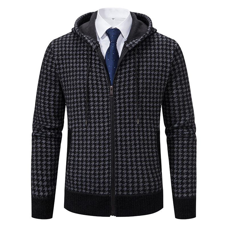 Herren gemütlicher Strickpullover mit modernem Karomuster und Kapuze EB
