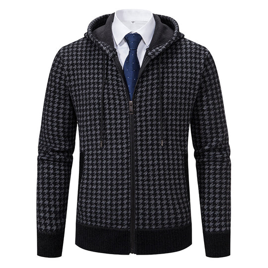 Herren gemütlicher Strickpullover mit modernem Karomuster und Kapuze EB