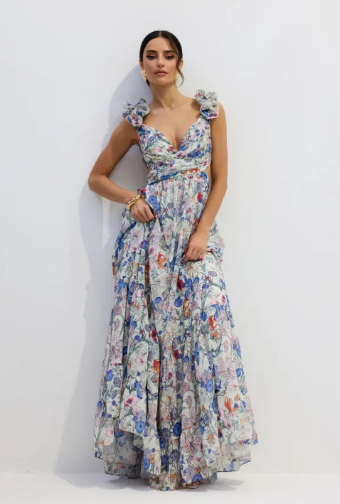 Damen Maxikleid im romantischen Vintage-Stil mit fließendem Rock und Rüschendetails EB
