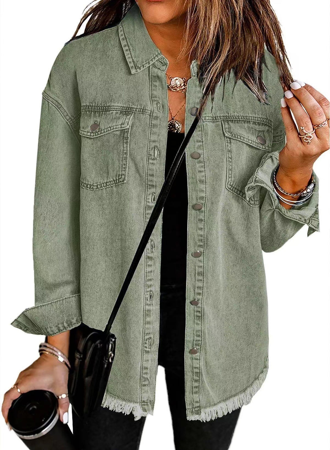 Damen lässiges Denim-Hemd mit fransigen Säumen und praktischen Brusttaschen EB