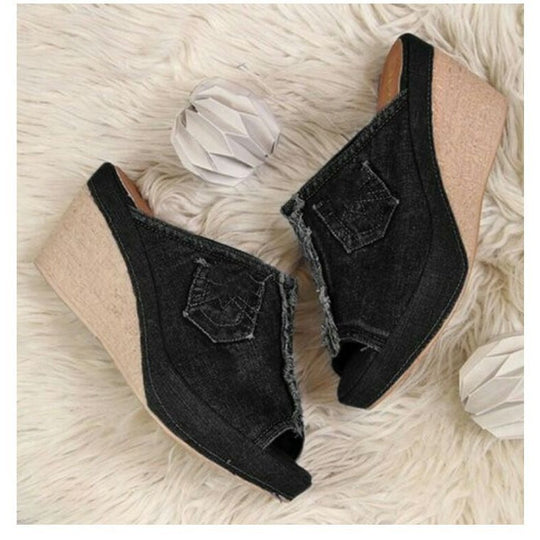 Damen Wedge-Pantoletten mit modischem Denim-Design und komfortabler Fussbettung EB