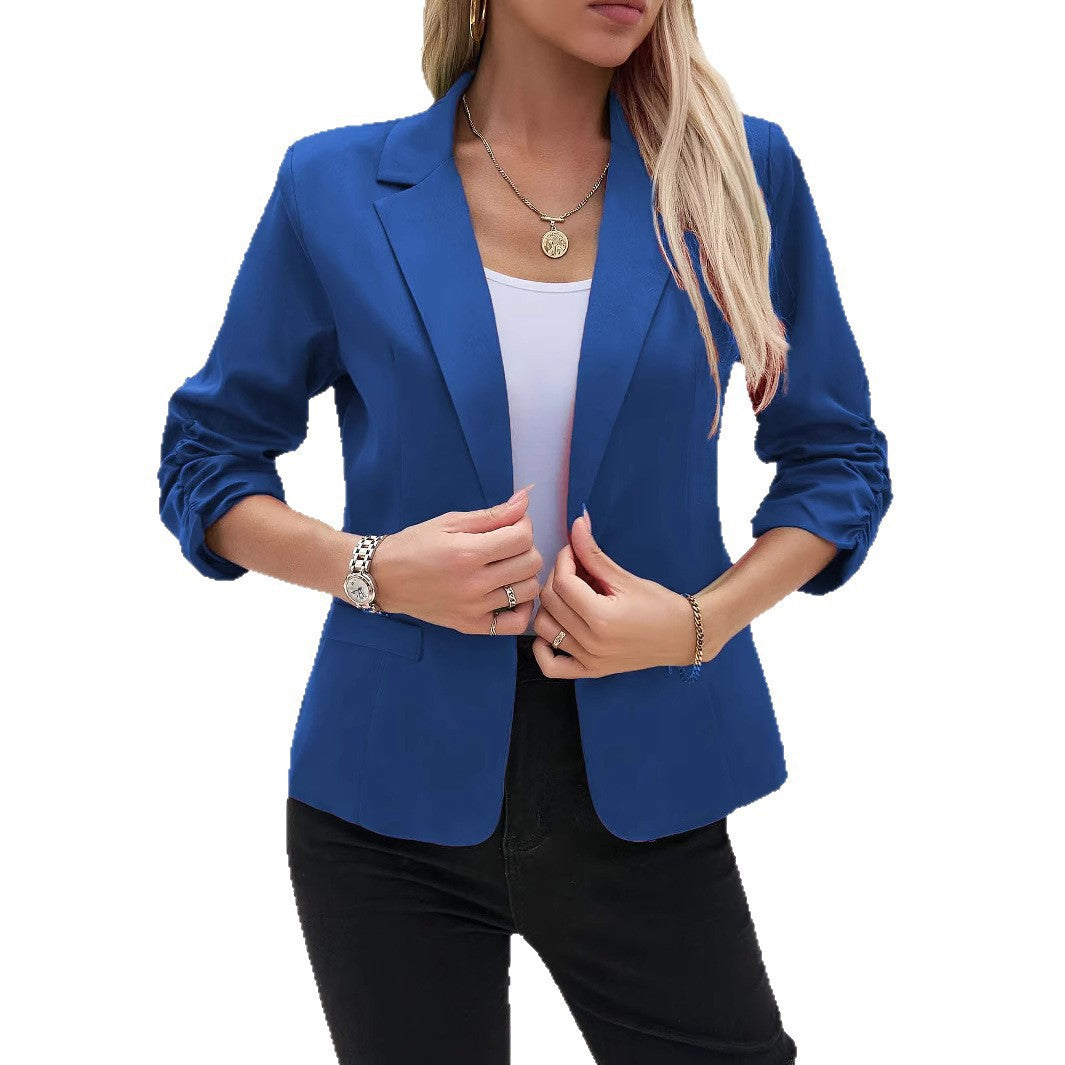 Damen nan taillierter Longblazer mit Revers, gerafften 3/4-Ärmeln und Eingrifftaschen EB