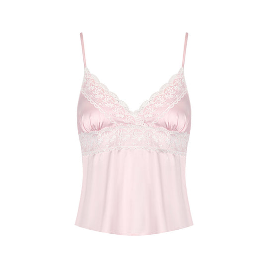 Damen Nackt-Satin Top mit zarten Spitzeinsatz und verstellbaren Trägern EB
