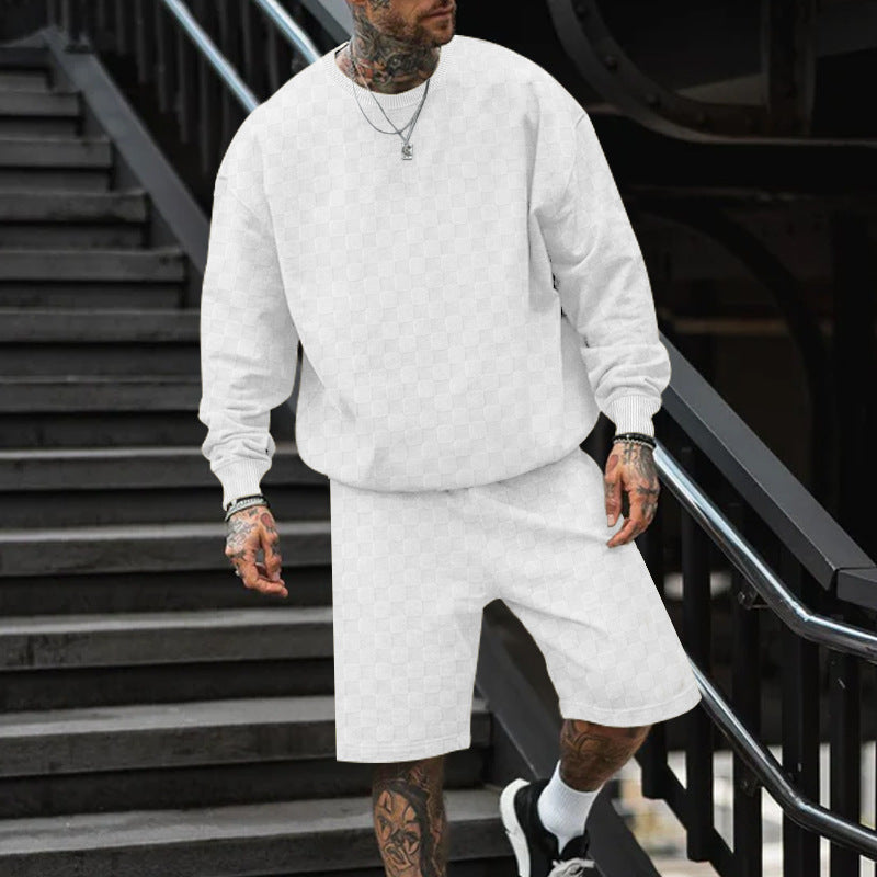 Herren nan oversized Waffelstrick-Lounge-Set mit Crewneck-Sweatshirt und knielangen Bermuda-Shorts EB