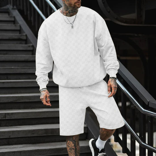Herren nan oversized Waffelstrick-Lounge-Set mit Crewneck-Sweatshirt und knielangen Bermuda-Shorts EB