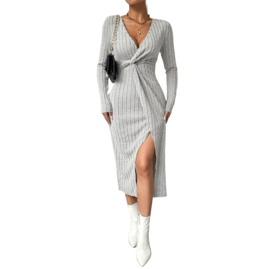 Damen geripptes Twist-Midikleid mit V-Ausschnitt, taillierter Silhouette und Frontschlitz Eichborn Berlin