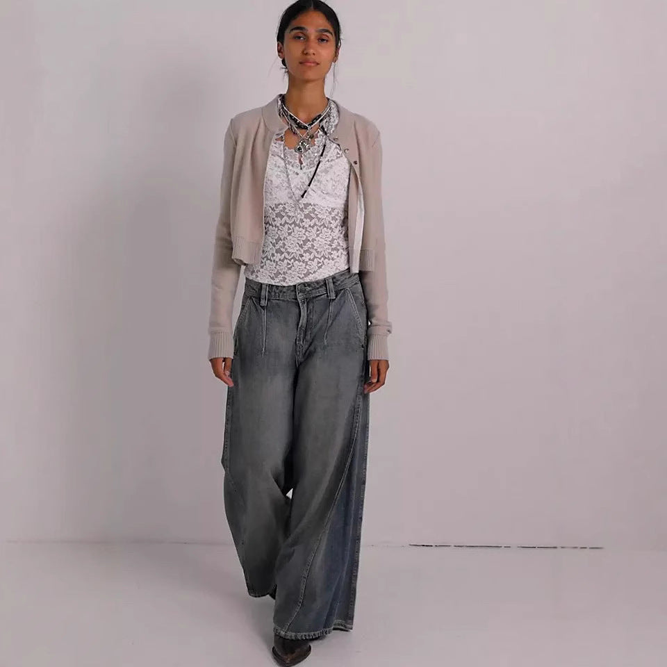 Damen nan extraweite High‑Waist Palazzo-Jeans mit hohem Bund, tiefem Schritt und verwaschener Vintage-Optik EB