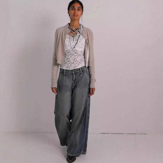 Damen nan extraweite High‑Waist Palazzo-Jeans mit hohem Bund, tiefem Schritt und verwaschener Vintage-Optik EB