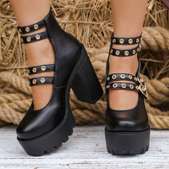 Damen Plateau-Stiefeletten mit verstellbaren Riemen und goldenen Schmuckdetails EB