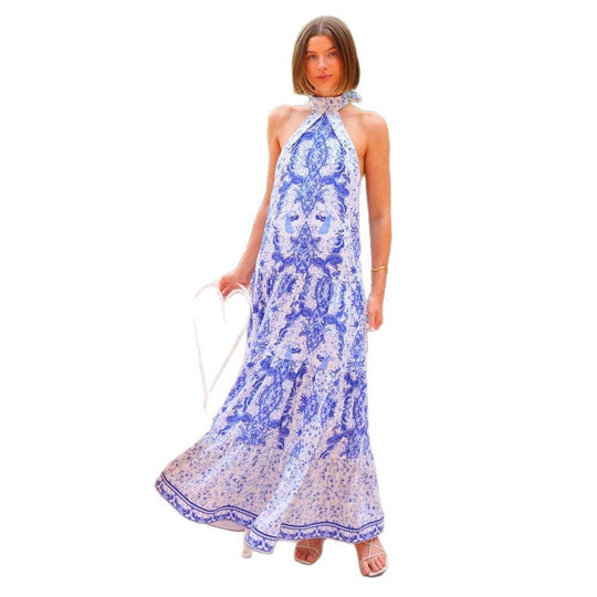 Damen Maxikleid im eleganten Bohemian-Stil mit verführerischem Halsband und fließendem Schnitt EB