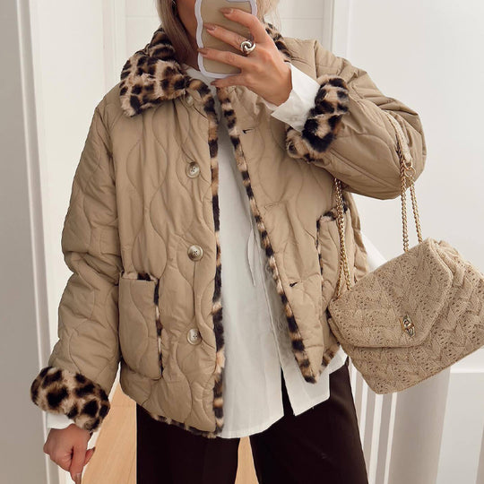 Damen gesteppte Jacke mit kuscheligem Leo-Kragen und praktischen Taschen EB