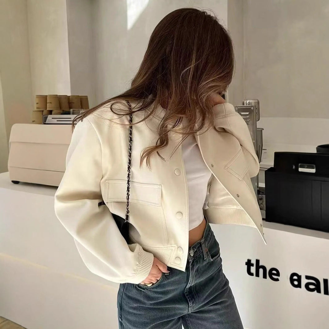 Damen lässige Kunstlederjacke mit praktischen Taschen und elastischen Bündchen EB