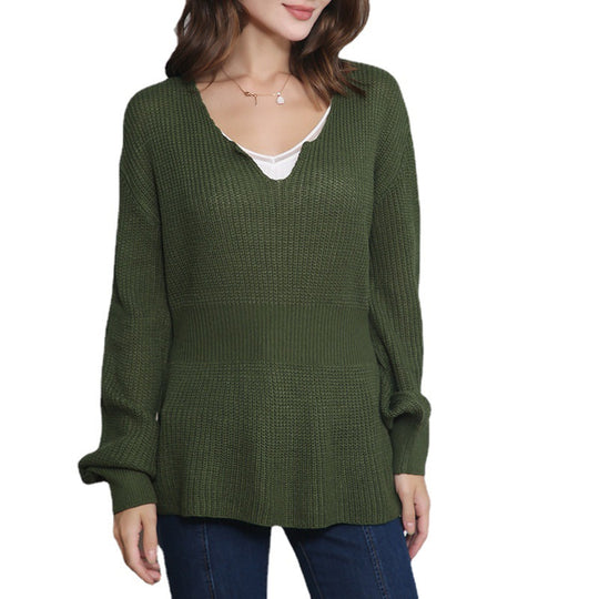 Damen Grobstrickpullover mit tiefem V-Ausschnitt und lässigem Schnitt EB