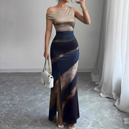 Damen Elegantes Maxikleid mit asymmetrischem Ausschnitt und seitlichem Schlitz EB