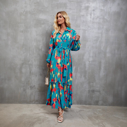 Damen Maxikleid mit farbenfrohem Floral-Design und elegantem Taillengürtel EB