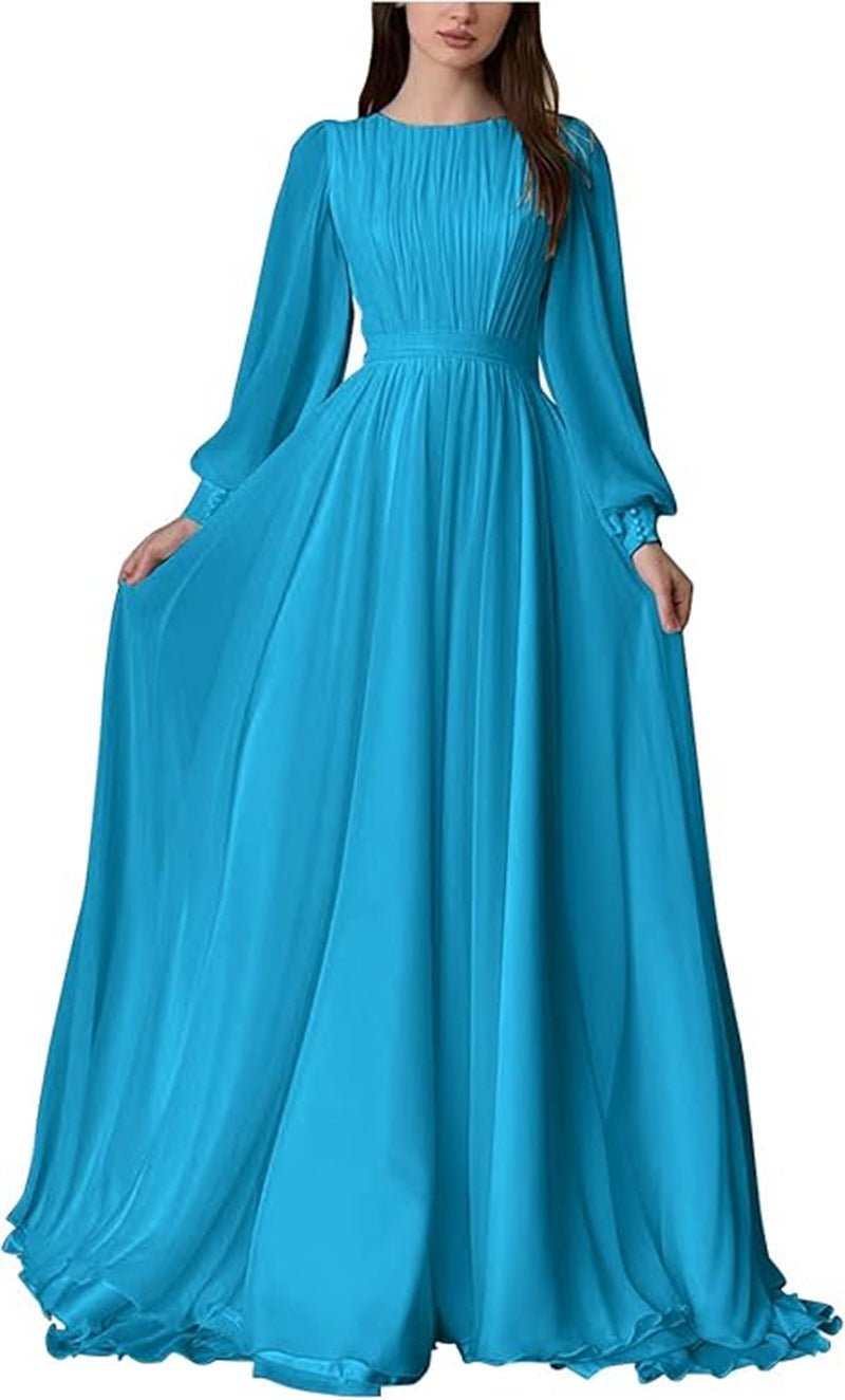 Damen Maxi-Party Kleid mit langen fließenden Ärmeln und Spitzenakzenten EB