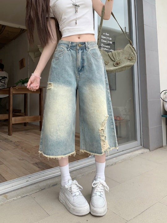 Damen Weite Denim-Culotte mit modischen Rissdetails und lässigem Schnitt EB
