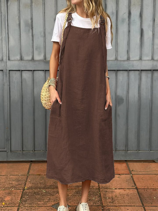 Damen Leichte Leinenkleid mit Taschen EB