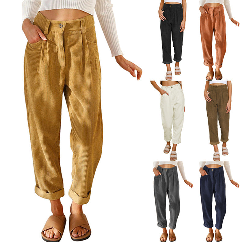 Damen nan weiche weite Cordhose mit hoher Taille, Bundfalten und umgeschlagenem Saum EB