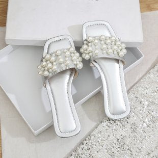 Damen Elegante Slides mit perlenverzierter Riemenstruktur EB