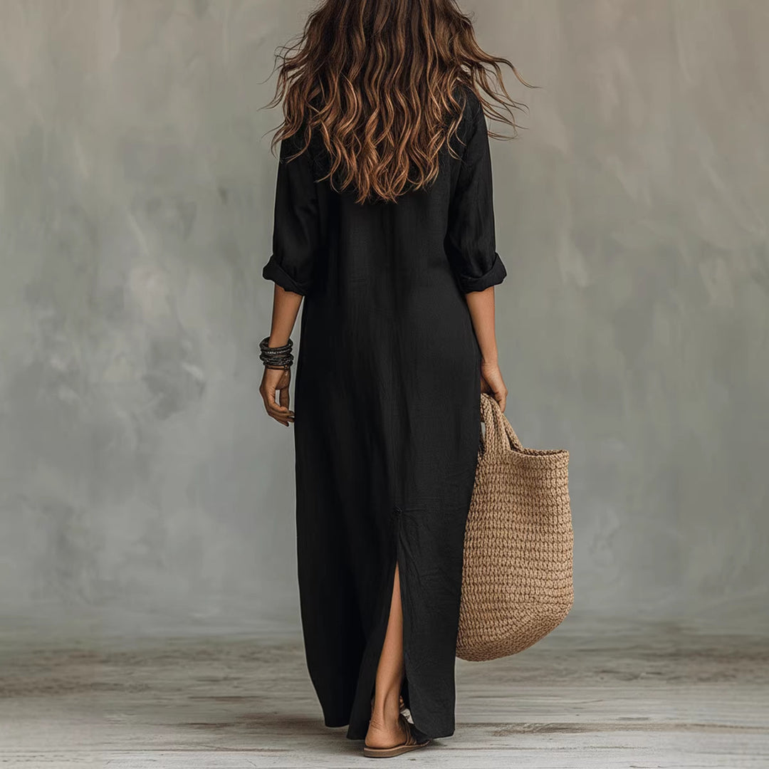 Damen Langes Hemdkleid mit Knopfverschluss und seitlichem Schlitz EB