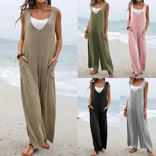 Damen Lässiger Jumpsuit mit tiefem V-Ausschnitt und praktischen Taschen EB