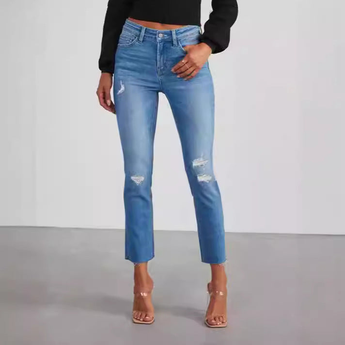 Damen modische High-Waist Jeans mit lässigem Destroyed-Look EB