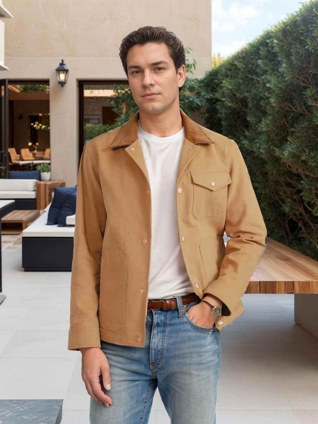 Herren Suedejacke mit modischem Design und praktischen Taschen EB