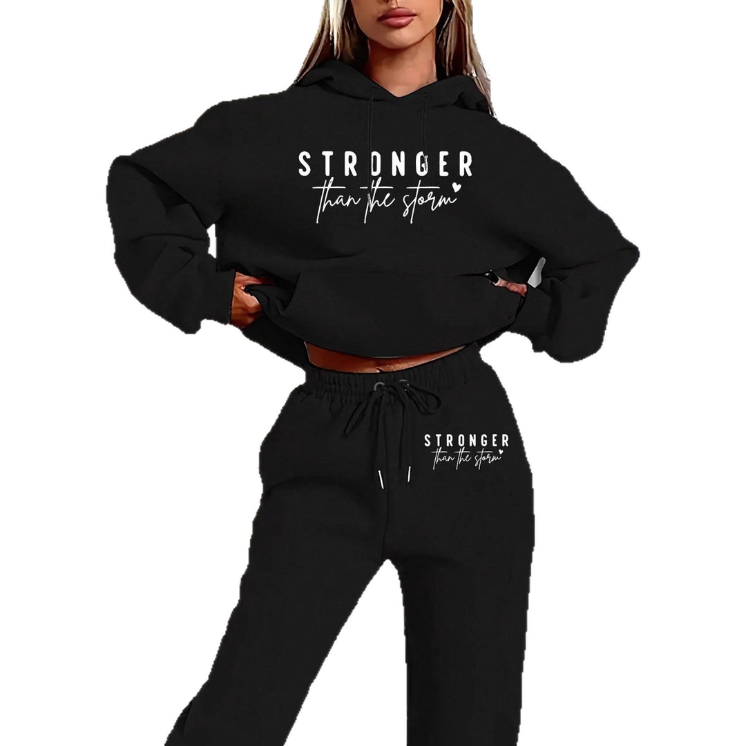 Damen nan Cropped-Hoodie und Jogginghose Set mit Statement-Print, Kängurutasche und elastischem Bund EB
