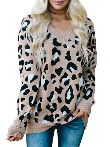 Damen Pullover mit Leopardenmuster und V-Ausschnitt EB