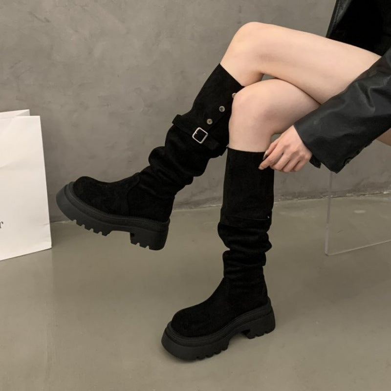 Damen Elegante Overknee-Stiefel mit modischem Riemen und Knopfdetails EB