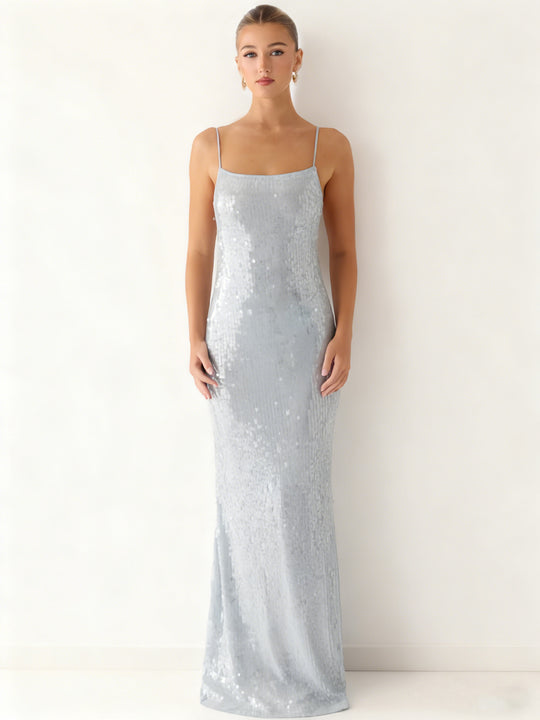 Damen Glamouröses Pailletten-Maxikleid mit schmalem Schnitt und feinen Spaghettiträgern EB