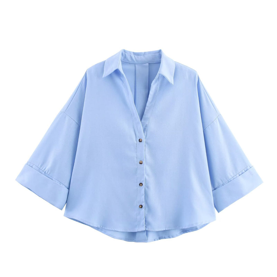 Damen nan lockere oversized Hemdbluse mit weitem Kragen und Dreiviertelärmeln EB