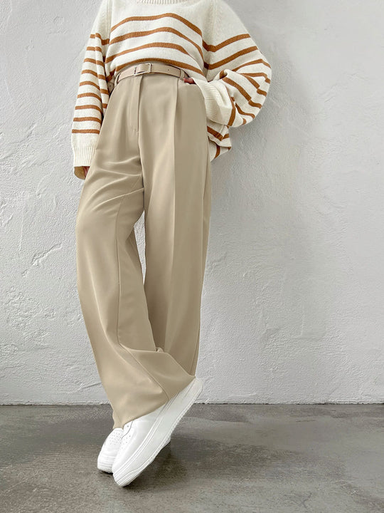 Damen Elegante High-Waist-Hose mit Bügelfalte und Bindegürtel EB