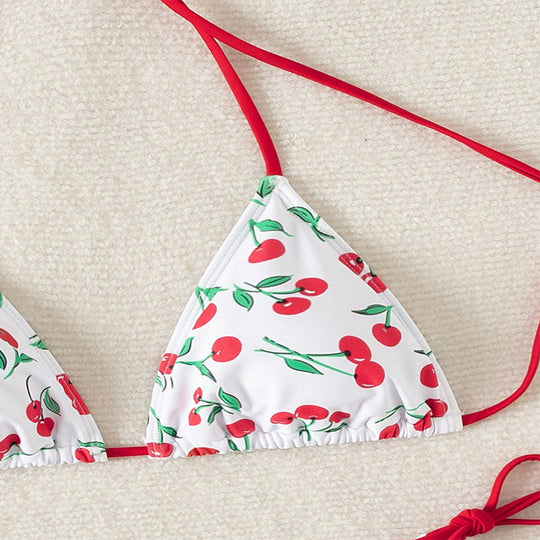 Damen Triangel-Bikini mit Krawattenverschluss und verspieltem Kirschdesign EB