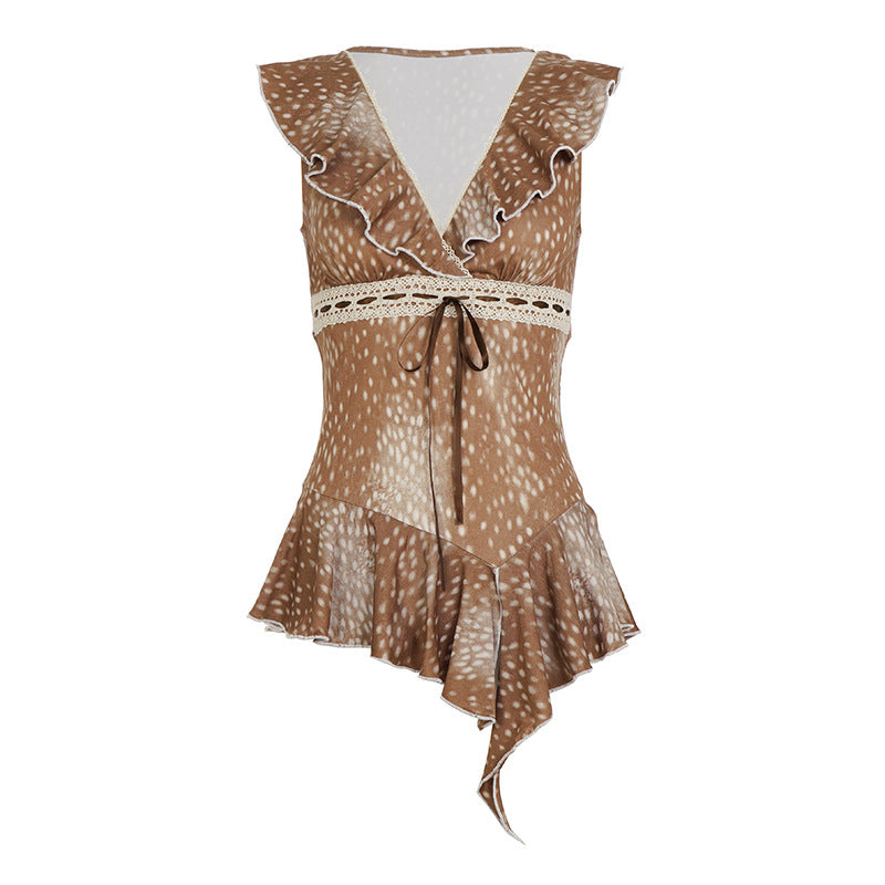 Damen asymmetrisches Sommerkleid mit Rüschen und Spitzenakzenten EB