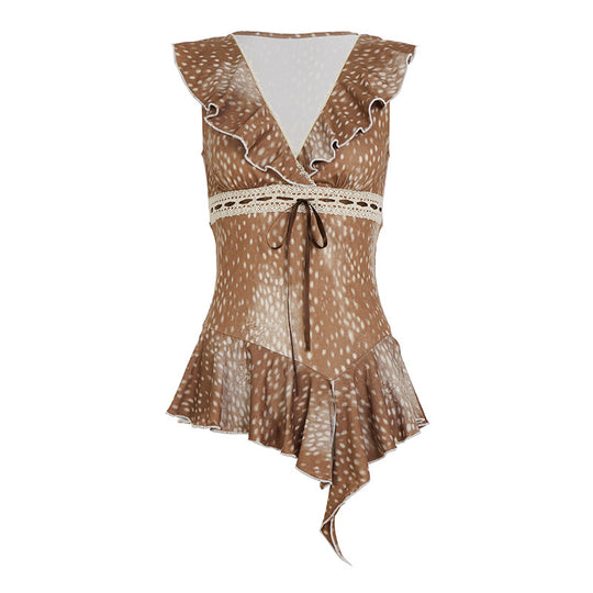 Damen asymmetrisches Sommerkleid mit Rüschen und Spitzenakzenten EB