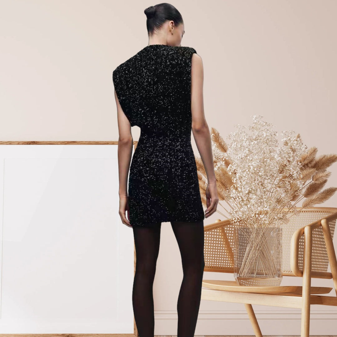Damen Elegantes Cocktailkleid mit funkelndem Paillettendesign und hochgeschlossenem Stehkragen EB