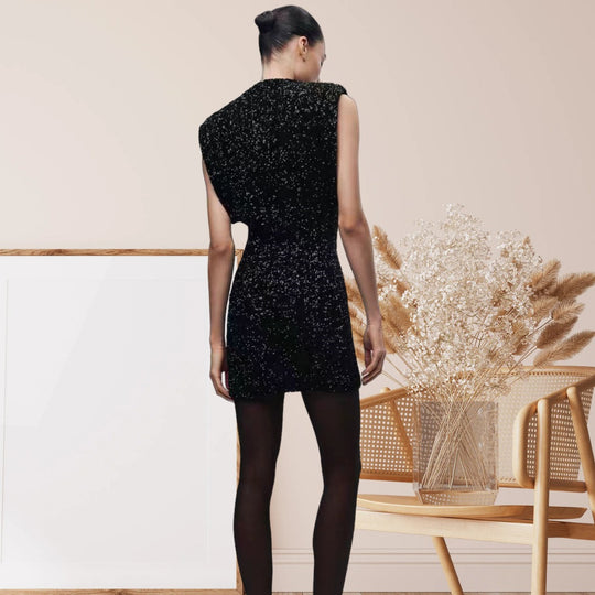 Damen Elegantes Cocktailkleid mit funkelndem Paillettendesign und hochgeschlossenem Stehkragen EB