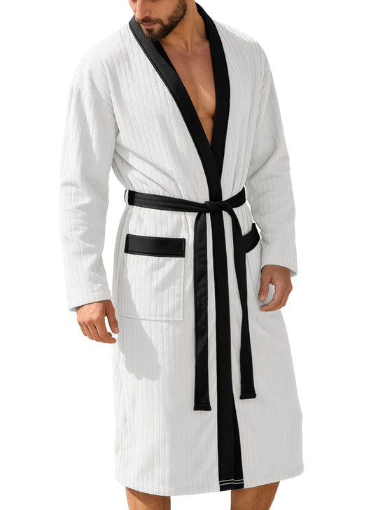 Herren nan wadenlanger Rippen-Bademantel im Kimono-Stil mit Schalkragen und Kontrastpaspel EB