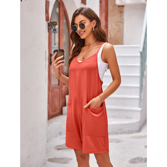 Damen komfortabler Overall mit tiefem Ausschnitt und praktischen Taschen EB