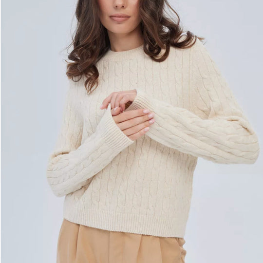 Damen Kabelstruktur‑Pullover im Zopfstrick mit Rundhalsausschnitt und nachhaltig weicher Wollmischung EB