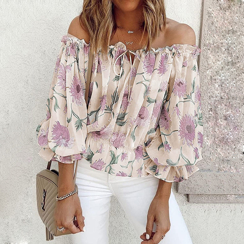 Damen Off-Shoulder Bluse mit floralen Mustern und Rüschendetails EB