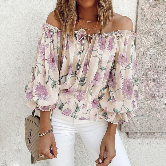 Damen Off-Shoulder Bluse mit floralen Mustern und Rüschendetails EB