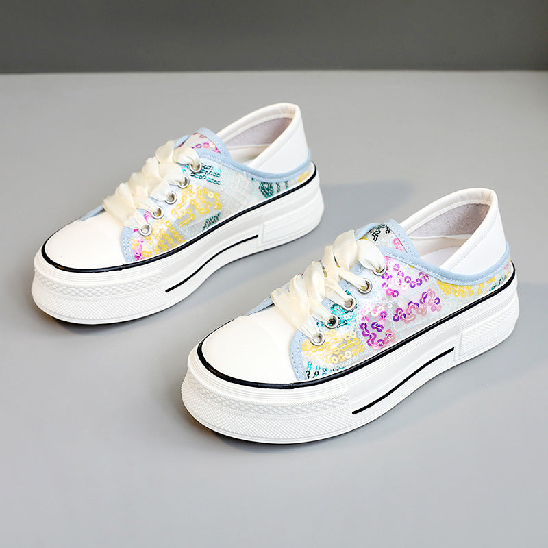 Damen modische Plateausneaker mit glänzenden Pailletten und elastischem Schnürsystem EB
