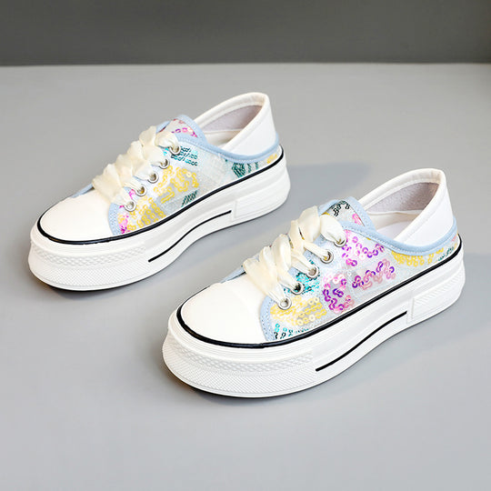 Damen modische Plateausneaker mit glänzenden Pailletten und elastischem Schnürsystem EB