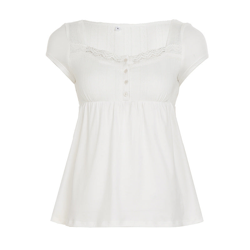Damen lässiges T-Shirt mit Spitzenverzierung und Knopfdetails EB