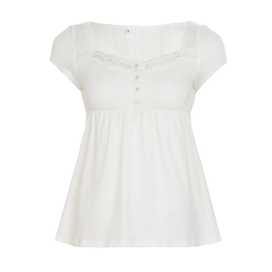Damen lässiges T-Shirt mit Spitzenverzierung und Knopfdetails EB